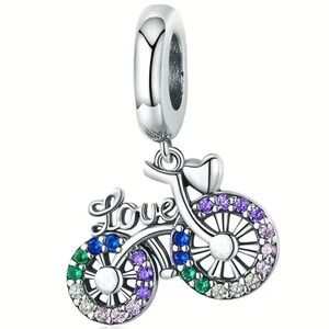 Silver & Multi Color Sparkle Dangle Bicycle “Love” Charm